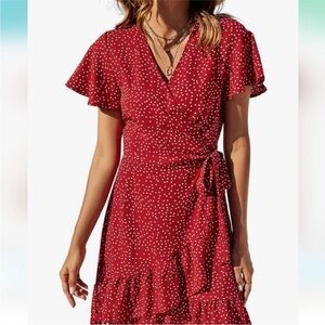 Red Polka Dot Wrap Dress with Ruffle Hem